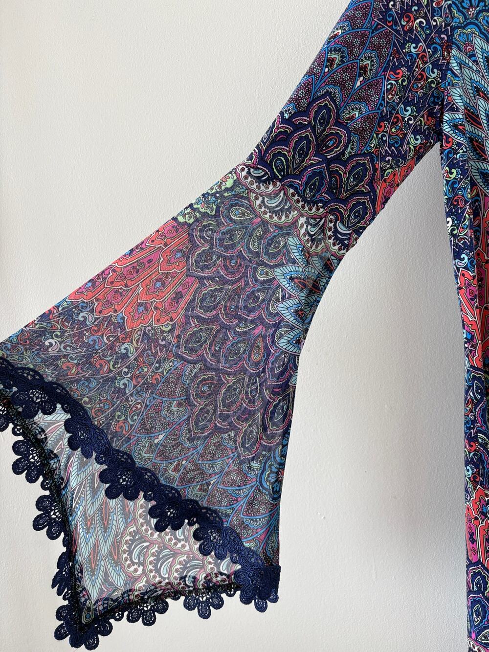 Scarf Print A-Line Dress Size S Sheer Blue Lace Trim Bell Sleeve Boho Maximalist